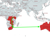 Proponowana trasa nowego podmorskiego kabla światłowodowego Google przecina południową Afrykę i Ocean Indyjski. (Zdjęcie za pośrednictwem MapChart z poprawkami)