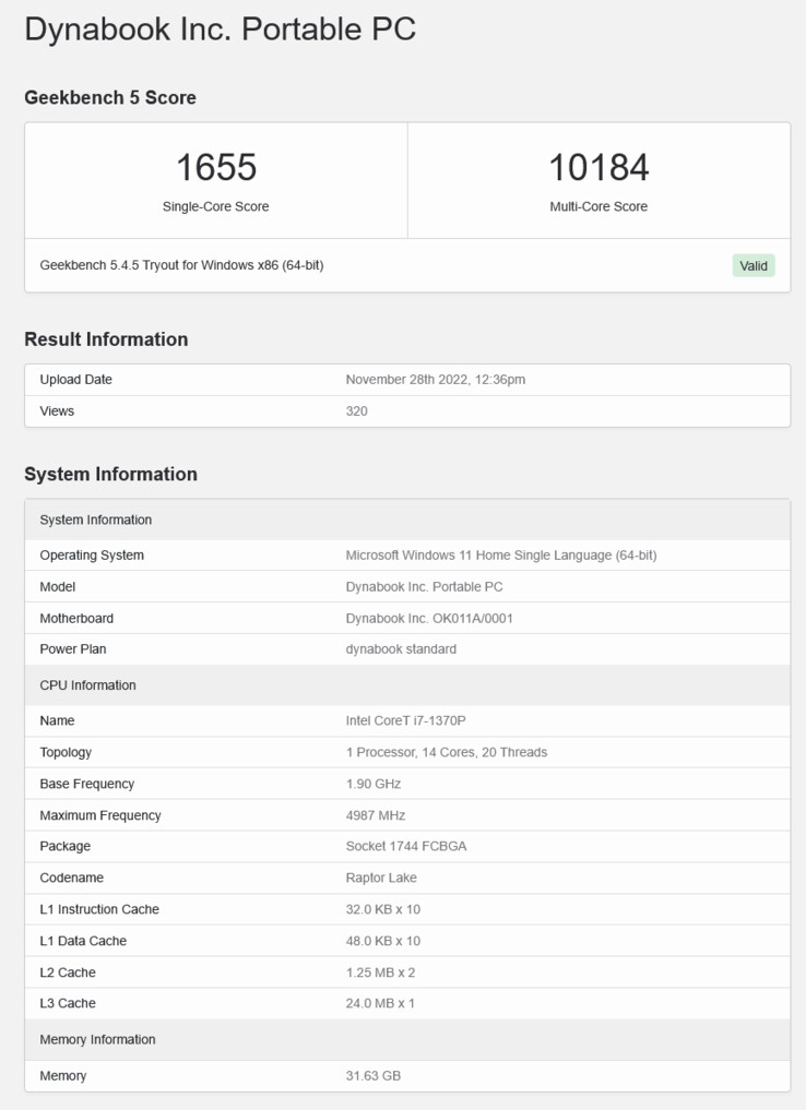 Intel Raptor Lake Core i7-1370P w laptopie z serii Dynabook. (Źródło: Geekbench)