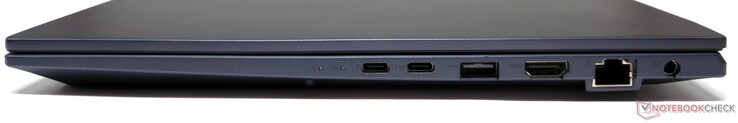 Z prawej strony: Thunderbolt 4, USB 3.2 Gen2 Type-C (DisplayPort/Power Delivery), USB 3.2 Gen1 Type-A, HDMI 2.1-out, RJ-45, DC-in
