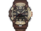 Zbliżenie na model G-Shock Mudmaster GG-B100XMH-5A, ukazujące jego jasnożółto-złotą i brązową kopertę oraz ramkę.
