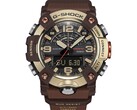Zbliżenie na model G-Shock Mudmaster GG-B100XMH-5A, ukazujące jego jasnożółto-złotą i brązową kopertę oraz ramkę.