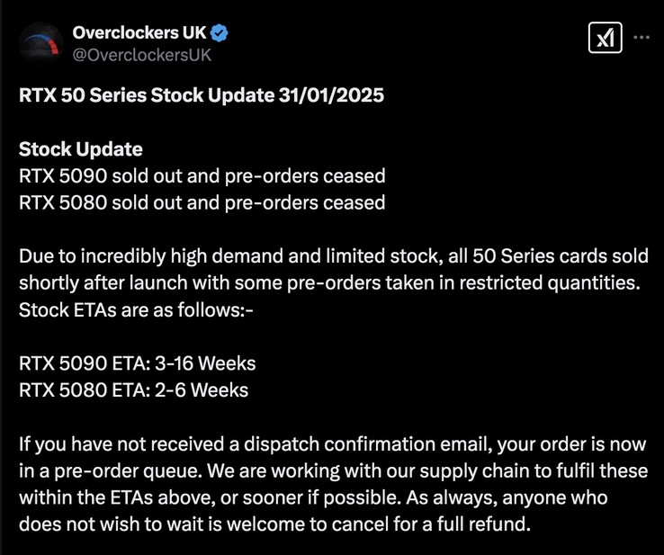 Gracze z Wielkiej Brytanii będą musieli trochę poczekać, zanim będą mogli zdobyć nowy procesor graficzny GeForce RTX 50. (Źródło zdjęcia: Overclockers UK)