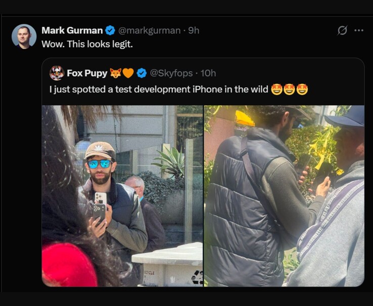 Mark Gurman reaguje na rzekomy prototyp iPhone'a 17 Pro zauważony publicznie, pierwotnie opublikowany przez @Skyfops na X (dawniej Twitter). Obraz przedstawia mężczyznę trzymającego urządzenie testowe z unikalnym etui, podczas gdy inna osoba wydaje się blokować widok. (Zdjęcie: @Skyfops / @markgurman na X)