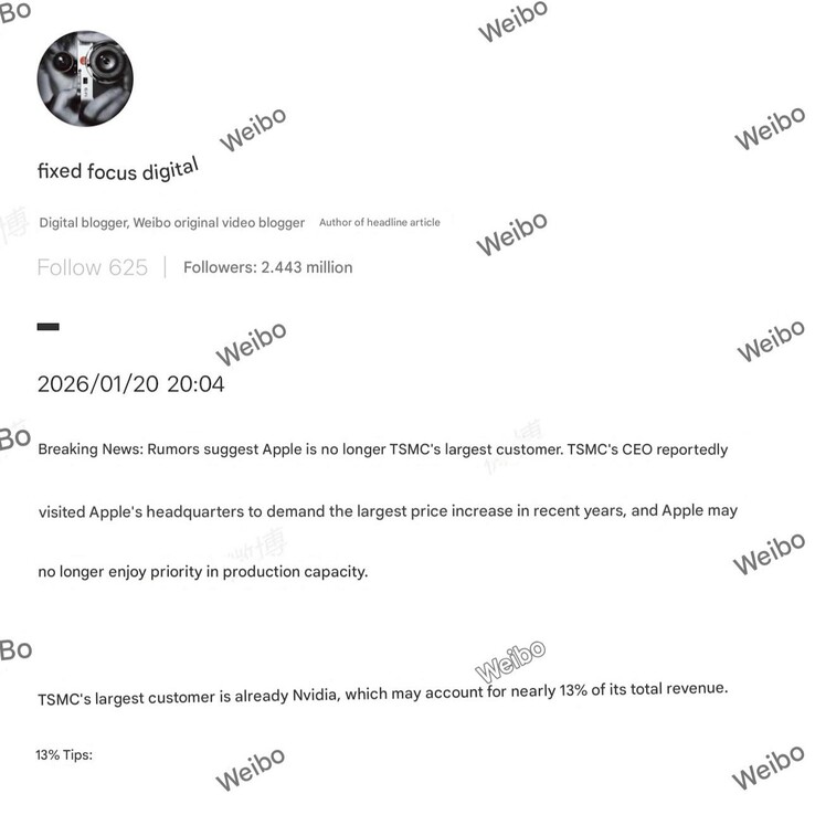 Apple nie jest już największym klientem TSMC i może nie cieszyć się już priorytetowym dostępem. (źródło obrazu: Fixed Focus Digital na Weibo)