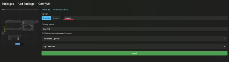 Zrzut ekranu huba ComfyUI do instalacji w Stability Matrix, z czerwonym podświetleniem w rozwijanym menu wyboru kompilacji. (Źródło obrazu: Windows Screen Capture)