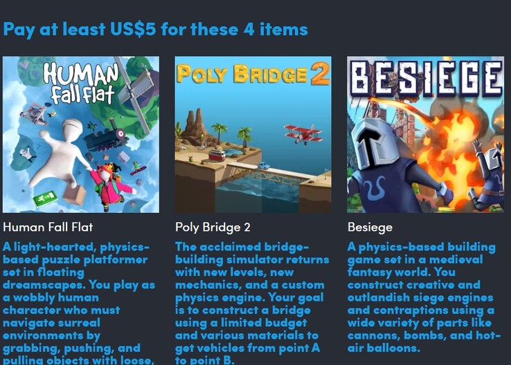 Plakaty i opisy gier. Płacąc 5 dolarów otrzymują Państwo 4 z 9 gier (źródło obrazu: Humble Bundle)