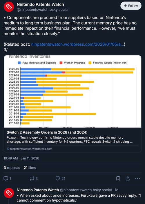 Post Nintendo Patents Watch dotyczący wywiadu z Shuntaro Furukawą (źródło obrazu: zrzut ekranu, konto Nintendo Patents Watch Bluesky)