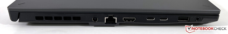 po lewej: zasilacz, ethernet, HDMI 2.1 FRL, USB-C 4.0 (40 GBit/s, DisplayPort, Power Delivery), USB-C 3.2 Gen.2 (10 GBit/s, Power Delivery, DisplayPort, G-Sync), USB-A 3.2 Gen.1 (5 GBit/s), gniazdo słuchawkowe 3.5
