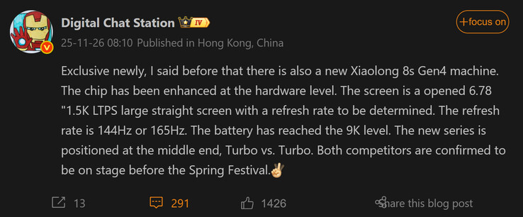 Digital Chat Station udostępnia więcej informacji na temat telefonu Snapdragons 8s Gen 4 OnePlus (źródło obrazu: Weibo - przetłumaczone maszynowo)