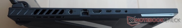 Lewa strona: Zasilanie, RJ45-LAN, HDMI 2.1, Thunderbolt 4 (w tym DisplayPort), USB-C 3.2 Gen2 (w tym DisplayPort, Power Delivery, G-Sync), 3,5 mm łączone gniazdo audio.