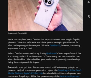 Tom's Guide początkowo informował o wydaniu OnePlus 15 w USA 13 listopada, ale od tego czasu wzmianka została usunięta z artykułu. (Źródło zdjęcia: Tom's Guide)