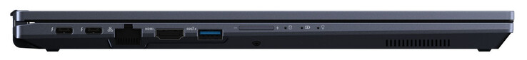Lewy bok: 2x Thunderbolt 4 (USB-C; Power Delivery, Displayport), Gigabit Ethernet, HDMI, USB 3.2 Gen 2 (USB-A), potencjometr głośności