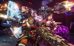 Łowcy skarbów z Borderlands 4 stojący plecami do siebie w walce z płonącą bronią