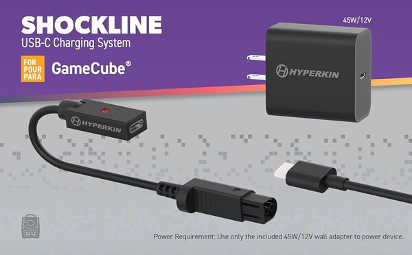 Zestaw Hyperkin Shockline dla konsoli GameCube jest dostarczany wraz z zasilaczem USB-C o mocy 45 W.