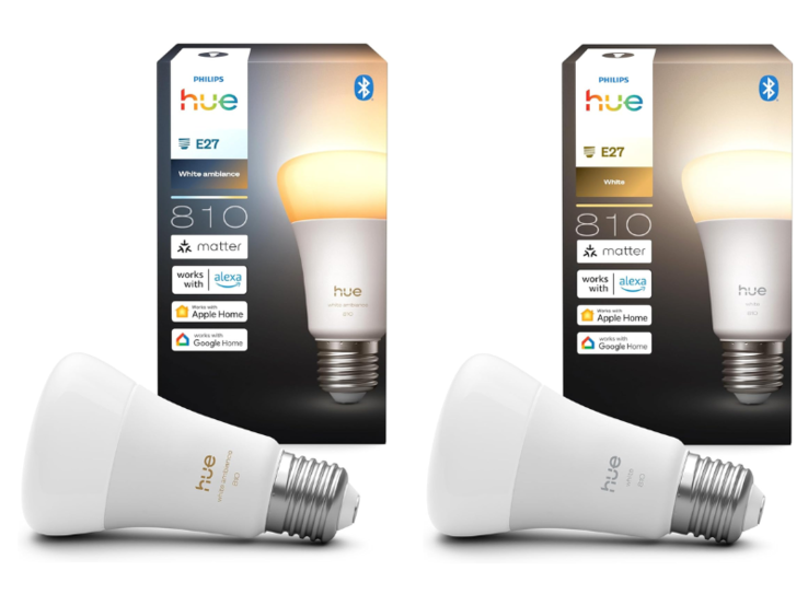Inteligentne żarówki Philips Hue A60 E27 White ambiance (po lewej) i White (po prawej) 810. (Źródło zdjęcia: Philips Hue)