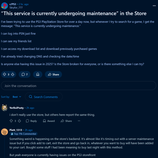 Post na Reddicie dotyczący przestoju PlayStation Store PS3 (źródło obrazu: zrzut ekranu, subreddit PlayStation 3)