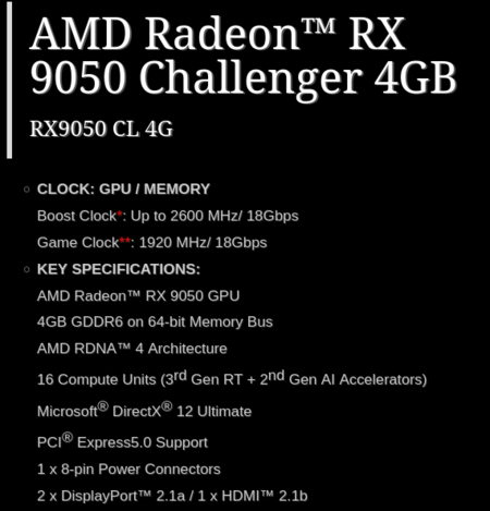 Zrzut ekranu ze strony z danymi technicznymi modelu RX 9050 Challenger 4 GB