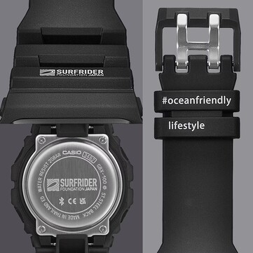 Subtelne detale projektu obejmują logo Surfrider Foundation Japan na deklu koperty ze stali nierdzewnej oraz slogan #oceanfriendlylifestyle na szlufce paska.