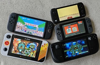 Gamestation Go w porównaniu z Switch 2, Ayn Odin, Switch 1 i Steam Deck (od góry po lewej do dołu po prawej, źródło obrazu: Marc Zander, Notebookcheck)