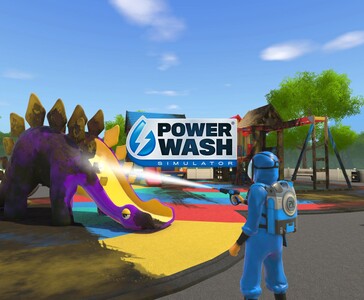 Gracz w PowerWash Simulator czyści kolorową zjeżdżalnię dla dinozaurów na placu zabaw za pomocą myjki wysokociśnieniowej. (Źródło obrazu: Square Enix Collective)