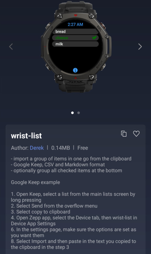 Aplikacja wrist-list Mini dla smartwatchów Amazfit
