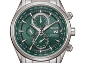Zegarek Citizen World Chronograph A.T. AT8260-85X z zieloną tarczą, kopertą i bransoletą ze stali nierdzewnej, trzema tarczami pomocniczymi oraz skalą czasu światowego.
