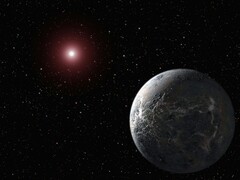 Ilustracja artystyczna przedstawiająca planetę i czerwoną gwiazdę.