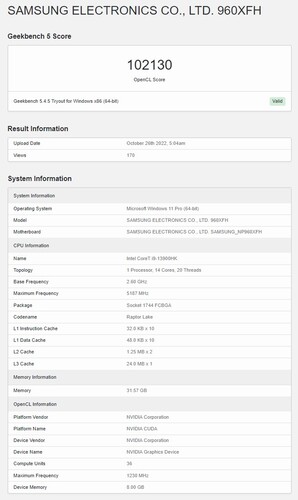 Rzekomy Samsung Galaxy Book 3 Ultra z Core i9-13900HK i RTX 4070 w Geekbench OpenCL. (Źródło: Geekbench)