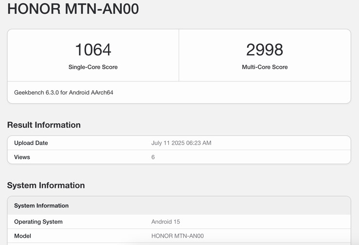 Lista Geekbench 6 dla Honor X70 ujawnia niezaskakujący potencjał wydajności. (Źródło obrazu: Geekbench)