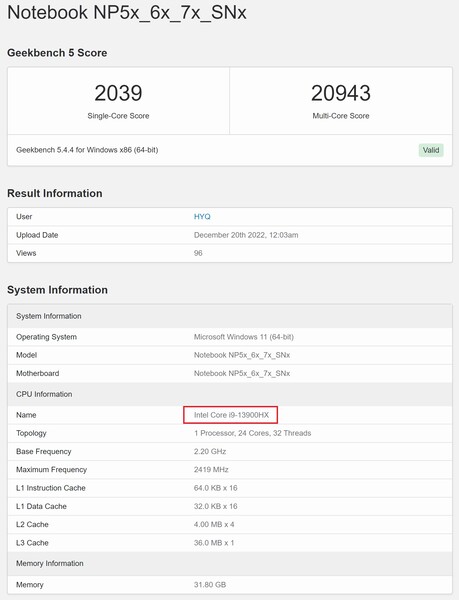 Intel Core i9-13900HX. (Źródło obrazu: Geekbench)