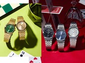Zdjęcie promocyjne przedstawiające kolekcję MTP-B146 firmy Casio, obejmującą zegarki ze stali nierdzewnej w kolorze srebrnym i złotym, z czarnymi, jasnoniebieskimi, zielonymi i w kolorze szampana tarczami, z których każda posiada zakrzywiony wskaźnik dnia tygodnia w pozycji godziny 12.