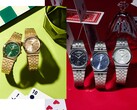 Zdjęcie promocyjne przedstawiające kolekcję MTP-B146 firmy Casio, obejmującą zegarki ze stali nierdzewnej w kolorze srebrnym i złotym, z czarnymi, jasnoniebieskimi, zielonymi i w kolorze szampana tarczami, z których każda posiada zakrzywiony wskaźnik dnia tygodnia w pozycji godziny 12.
