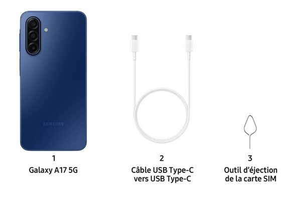 Model Galaxy A17 5G będzie dostarczany wyłącznie z kablem USB-C i wyrzutnikiem karty SIM. (Źródło zdjęcia: Samsung)