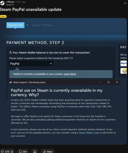 Komunikat pomocy technicznej Steam dotyczący korzystania z PayPal podczas płatności (źródło obrazu: zrzut ekranu, subreddit Steam)