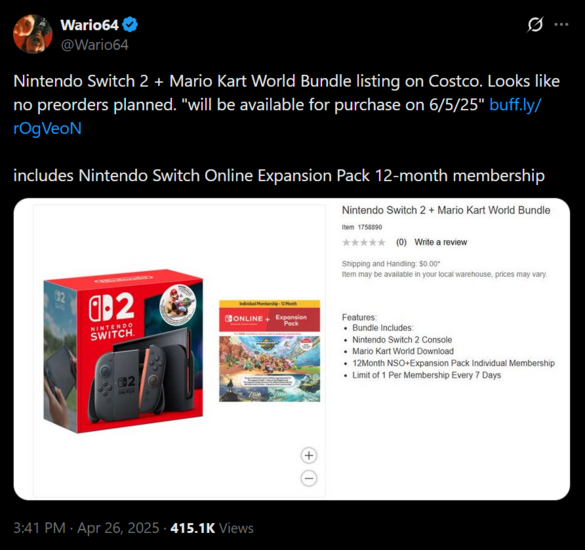 Post Wario64 Costco Switch 2 Bundle X (źródło obrazu: zrzut ekranu, konto Wario64 X)