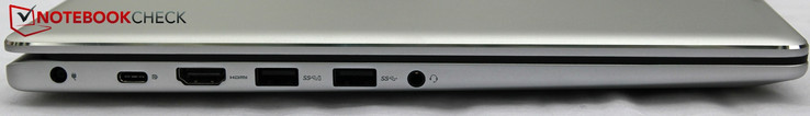 lewy bok: gniazdo zasilania, USB C 3.1 (miniDP + Power Delivery), USB A 3.1 Gen1 (z PowerShare), USB A 3.1 Gen 1, gniazdo audio