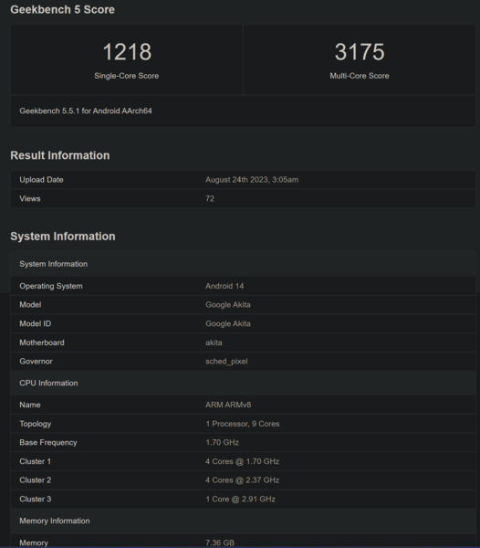 Google Pixel 8a w Geekbench (zdjęcie za pośrednictwem Geekbench)