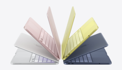 MacBook Neo w kolorach srebrnym, różowym, cytrusowym i indygo