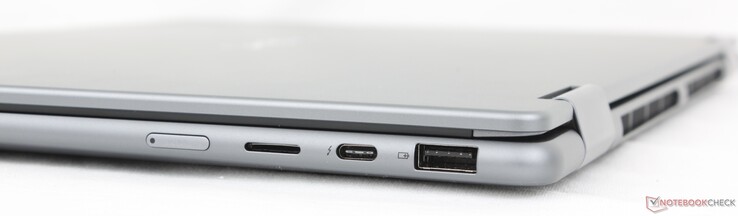 Po prawej stronie: Przycisk zasilania, czytnik MicroSD, USB-C 4.0 z Thunderbolt 4, DisplayPort 2.1 + Power Delivery 3.0, USB-A 3.2 Gen. 1