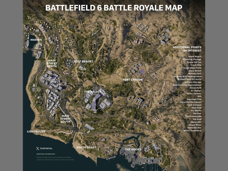 Rzekoma mapa Battlefield 6 battle-royale z lokalizacjami i punktami zainteresowania. (Źródło zdjęcia: Battlefield subreddit, via temporyal)