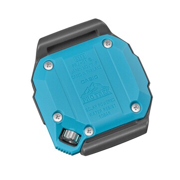 Widok z tyłu turkusowego dekla zegarka Casio Pro Trek PRJ-01AE-8 z widocznym logo Pro Trek