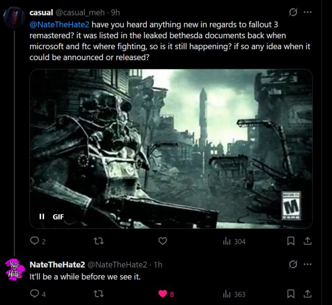 Post NateTheHate X na temat remastera Fallout 3 (źródło obrazu: zrzut ekranu, konto NateTheHate2 X)