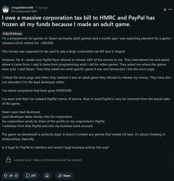 Spór PayPal z programistą gier dla dorosłych - post na Reddicie (źródło obrazu: zrzut ekranu, subreddit Legal Advice UK)