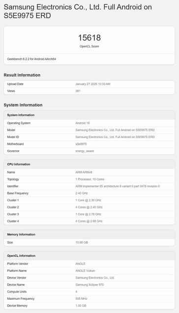 Rzekomy test Exynosa 2700 w teście Geekbench OpenCL.
