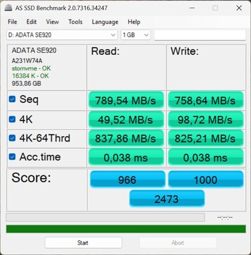 Test wydajności dysku ADATA SE920 podłączonego przez USB4