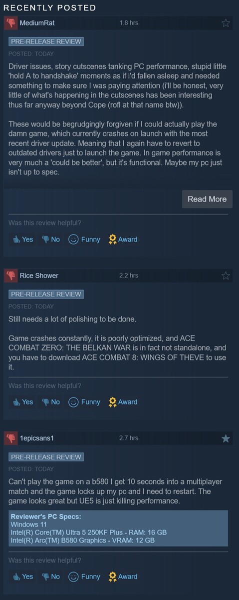 Wyświetlono negatywne recenzje gry Ace Combat 8: Wings of Theve na Steamie.