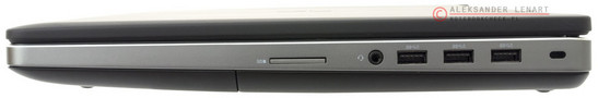 prawy bok: czytnik kart pamięci, gniazdo audio, 3 USB 3.0 power, zaczep na linkę blokady Kensingtona