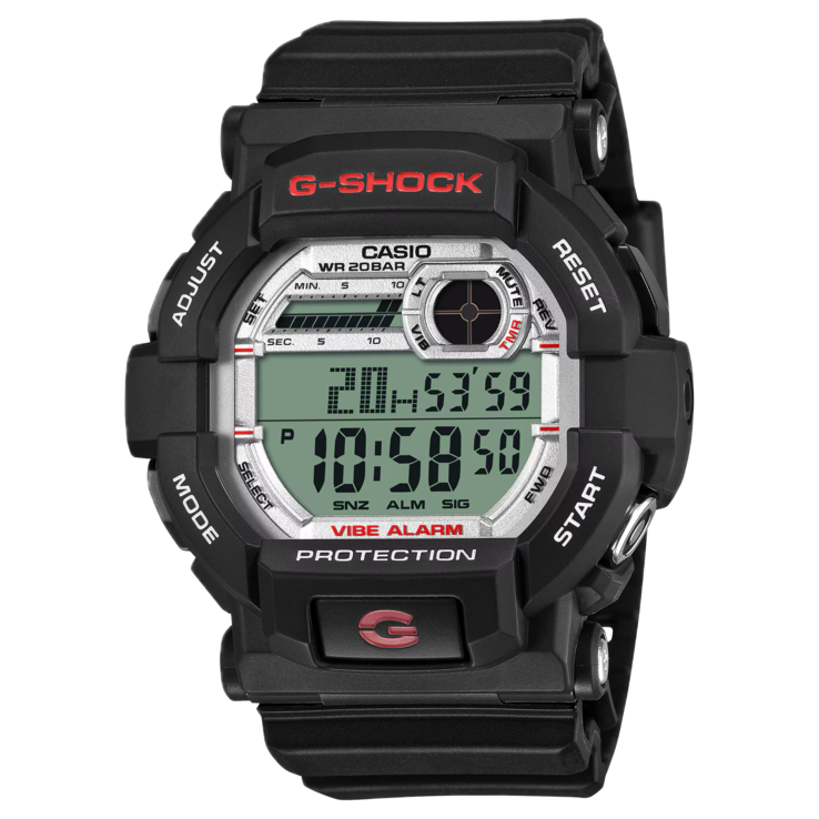 Widok z przodu modelu G-Shock GD-350S, na którym widać czarną kopertę i wyświetlacz cyfrowy.