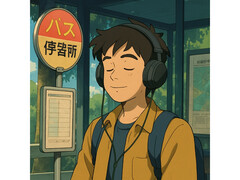Wygenerowana przez sztuczną inteligencję ilustracja w stylu dzieł Studia Ghibli. Przedstawia ona młodego mężczyznę siedzącego spokojnie na dworcu autobusowym i słuchającego muzyki. (Źródło obrazu: Wygenerowano za pomocą ChatGPT)