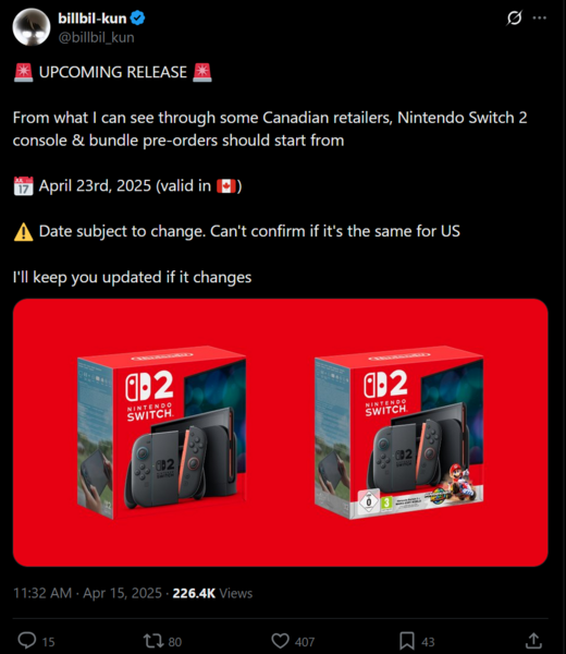 Billbil-kun Canada Switch 2 aktualizacja zamówienia przedpremierowego X post (źródło obrazu: konto Billbil-kun X)